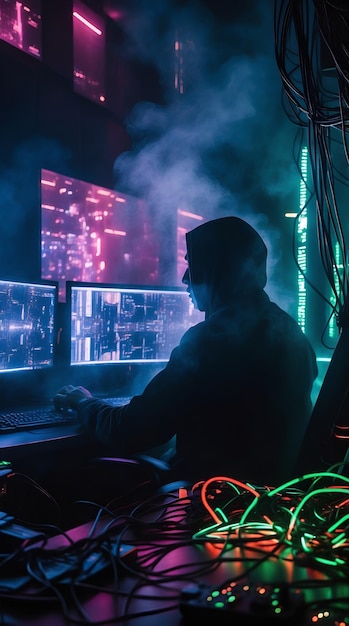 a man is working on a computer in front of a monitor with neon lights