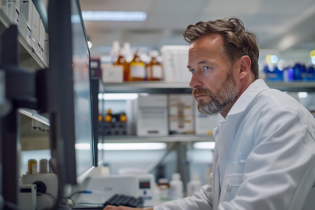 a man is working on a computer in a lab with bottles of medicine