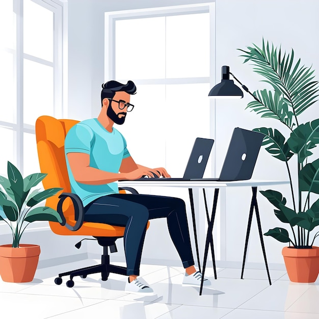 Photo a man is working at a computer in a room with potted plants