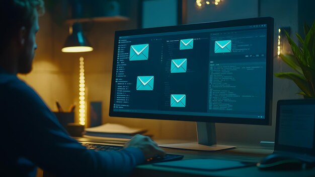 Photo a man is working on a computer with a blue envelope on the screen