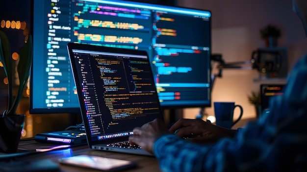 a man is working on a computer with a blue light on the screen