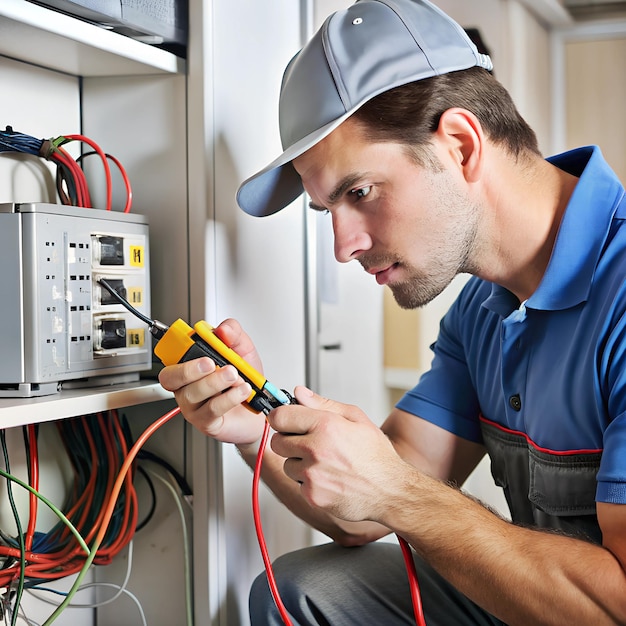 Photo a man is working on a computer with a blue shirt that says quot the word quot on it