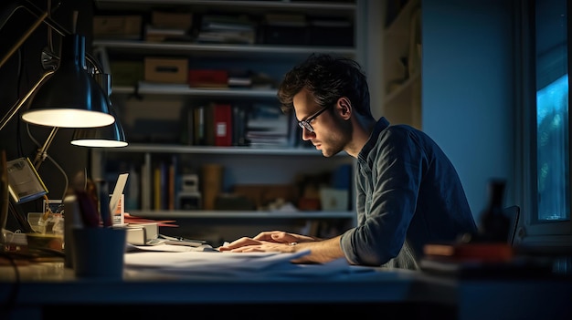 a man is working on a computer with a book on the table.