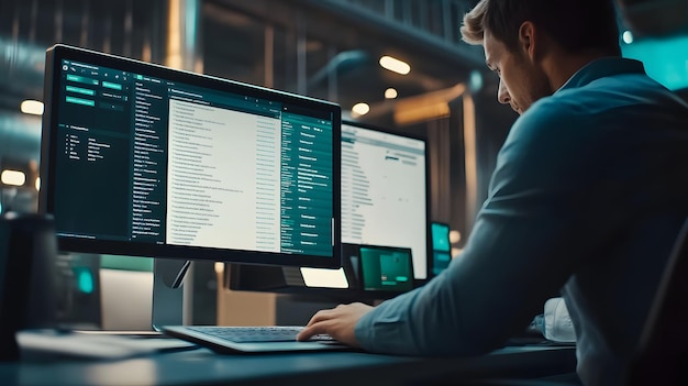 a man is working on a computer with the code code code on the screen