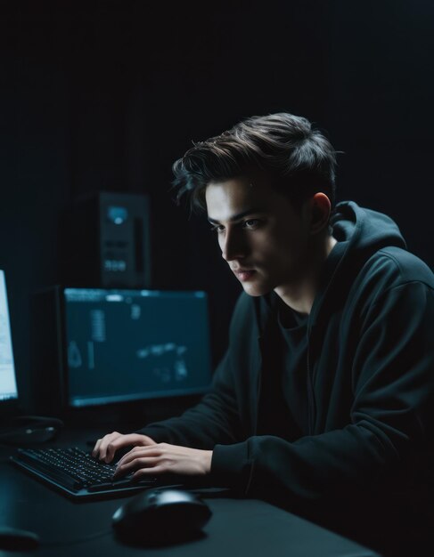 Photo a man is working on a computer with a computer monitor behind him