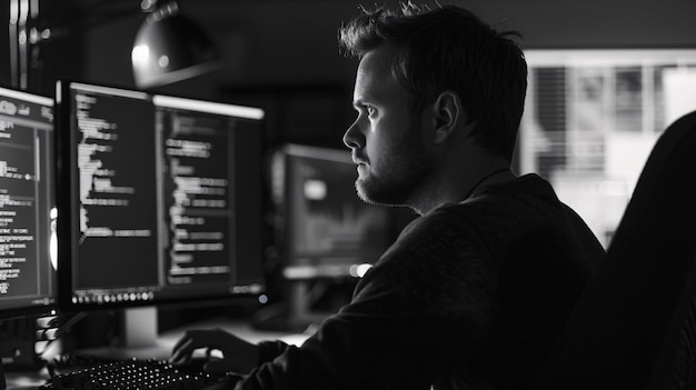 Photo a man is working on a computer with a computer monitor showing the word  com