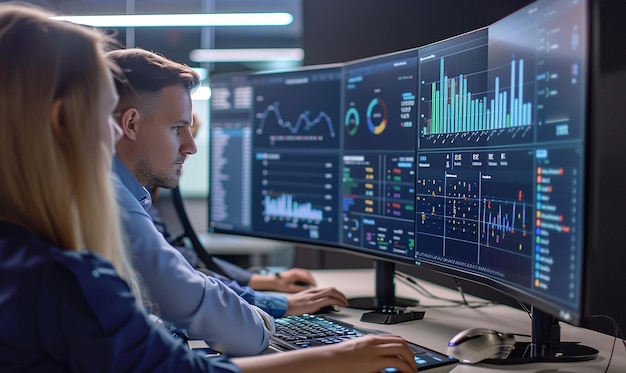 a man is working on a computer with a graph on the screen