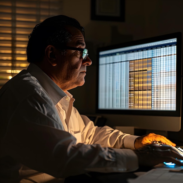 Photo a man is working on a computer with a keyboard and monitor showing the time of 9  30