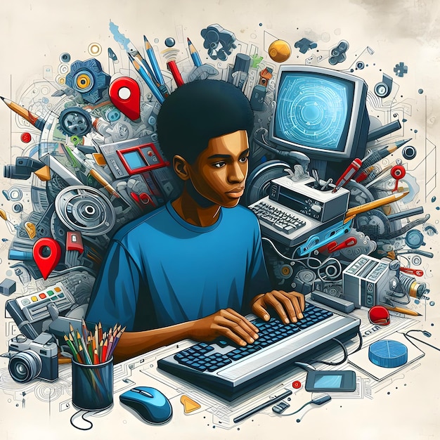 a man is working on a computer with a lot of objects around him