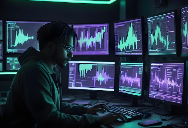 Photo a man is working on a computer with many monitors