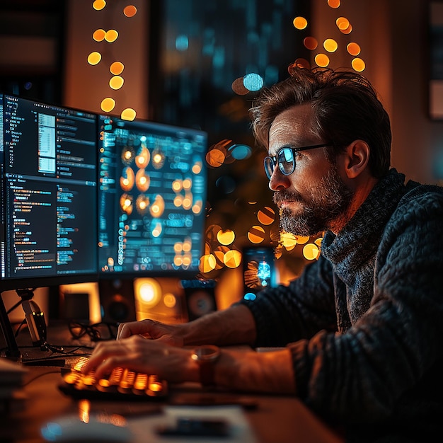 a man is working on a computer with a monitor showing the time of 9  00