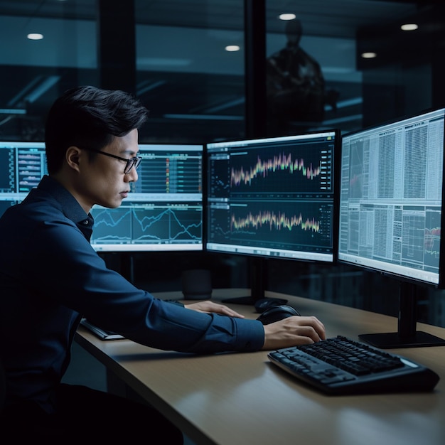 A man is working at a computer with multiple monitors on the left and a blue keyboard on the right.