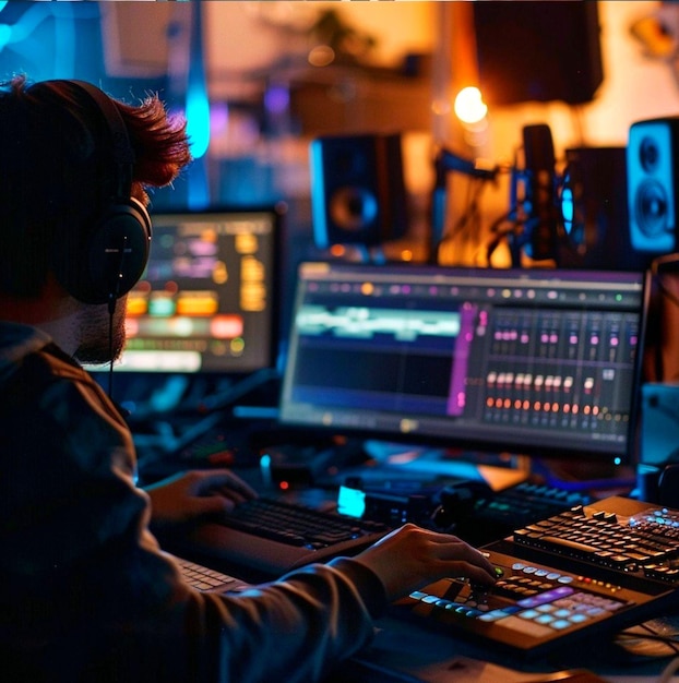 a man is working on a computer with a screen that says  the word  on it