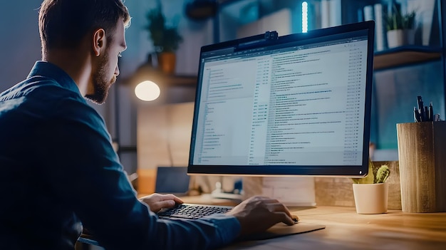 a man is working on a computer with the word code on the screen