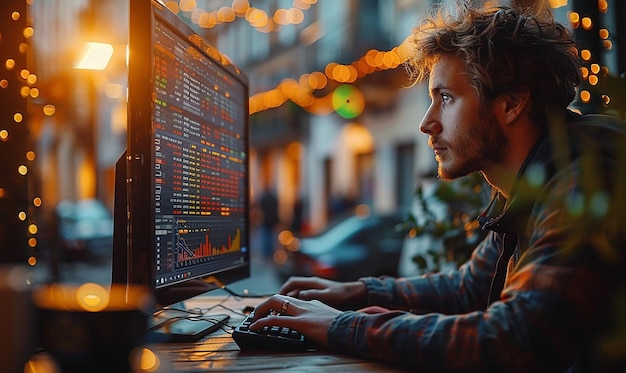 a man is working on a computer with the word graph on the screen