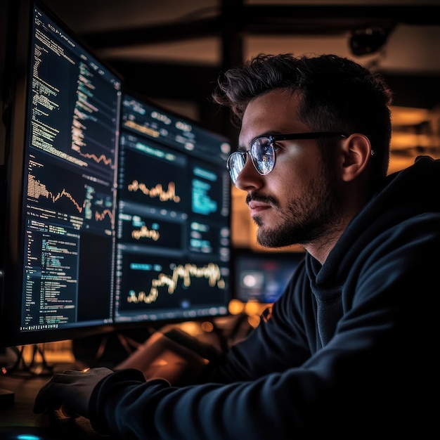 a man is working on a computer with the word graph on the screen