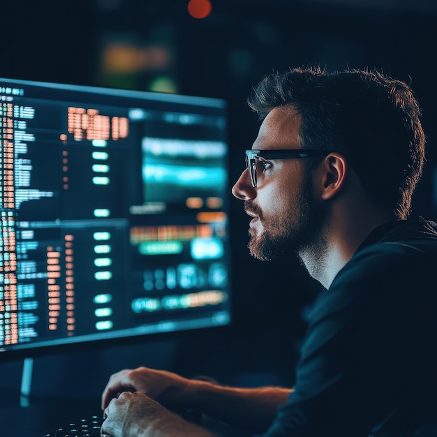 a man is working on a computer with the word  x  on the screen