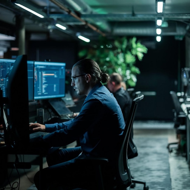 Photo a man is working on a computer with the words no on the screen