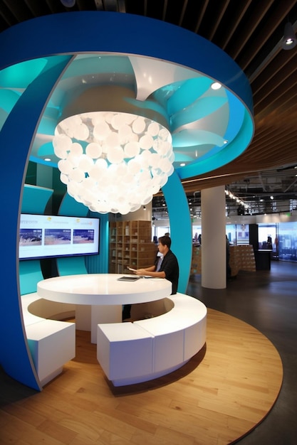 A man is working at a desk in a blue office space.