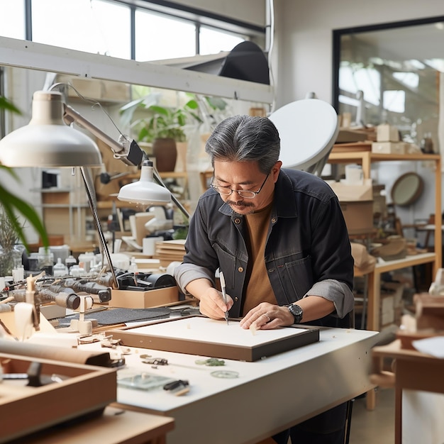 Photo a man is working at a desk with a clock on it