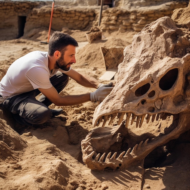 a man is working on a dinosaur with a skull in the sand.