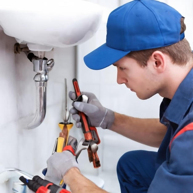 a man is working on a drill under a sink