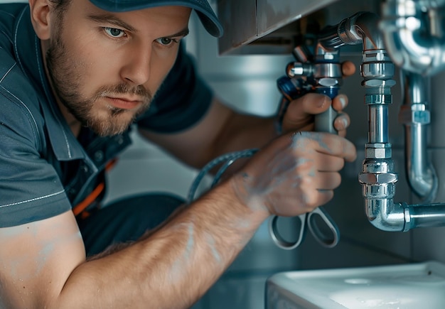 a man is working on a faucet that is made by a company