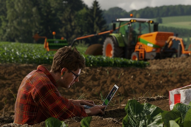 Photo a man is working in a field with a laptop