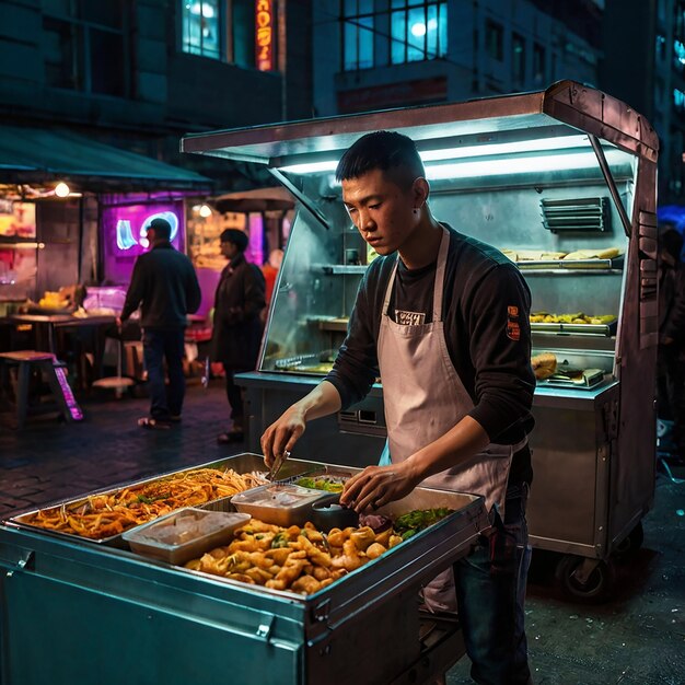 Photo a man is working in front of a food truck