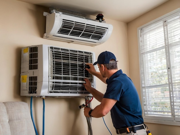 a man is working on a heater that is on a wall