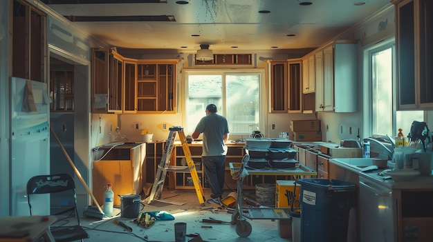 Photo a man is working in a kitchen under construction