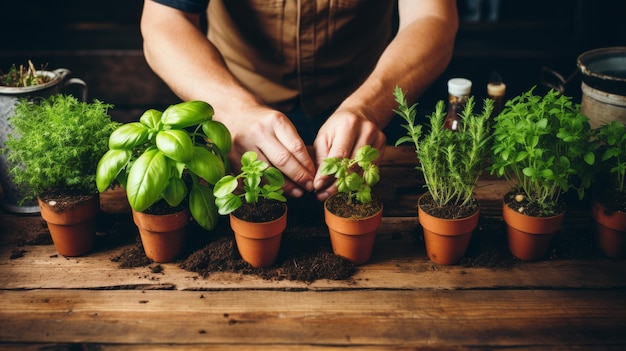 a man is working in a kitchen with several plants