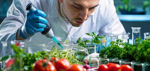 Photo a man is working in a kitchen with vegetables and a spoon