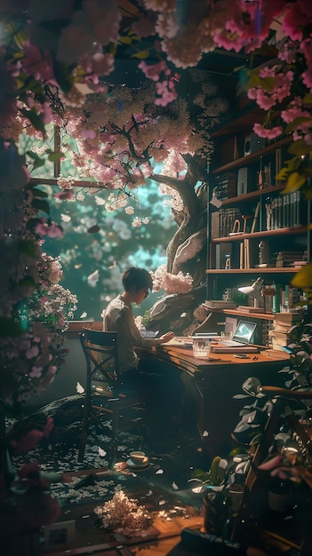 Photo a man is working on a laptop in front of a book shelf with a tree in the background