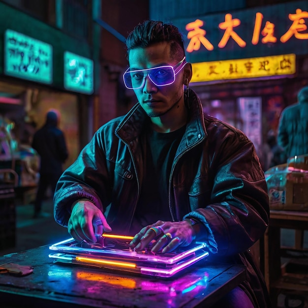 a man is working on a laptop in front of a neon light