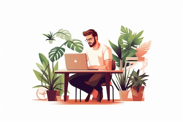 A man is working on a laptop in front of a plant