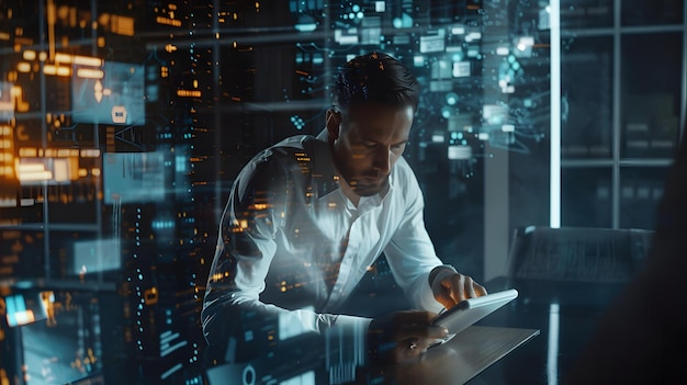 a man is working on a laptop in front of a window with a blue background