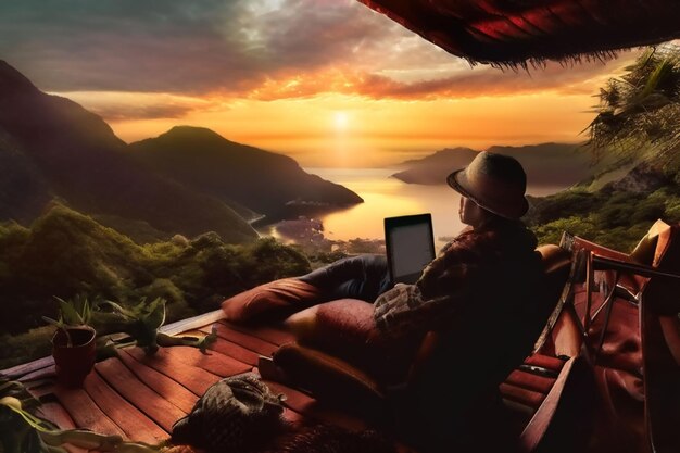 Photo a man is working on a laptop in a mountain landscape