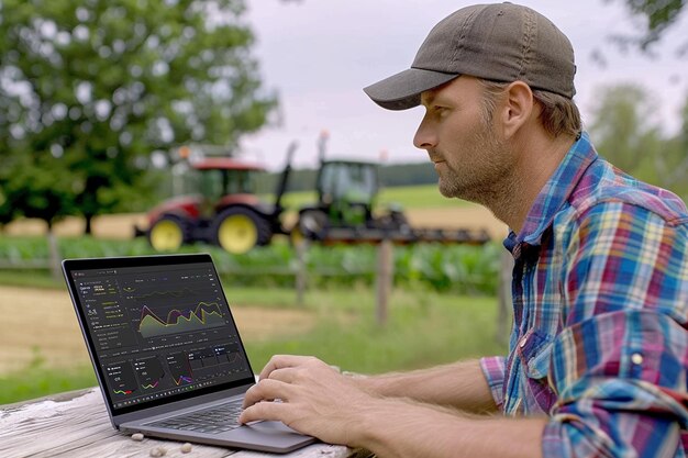 Photo a man is working on a laptop with a graph on it