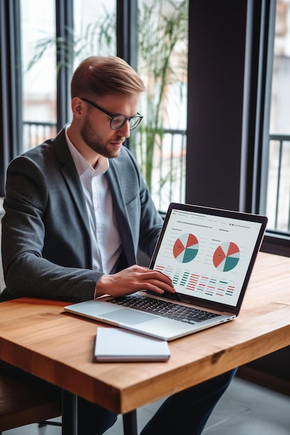 a man is working on a laptop with a graph on it