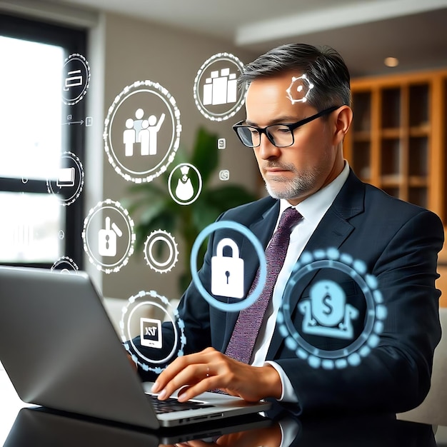 Photo a man is working on a laptop with icons like symbols and symbols