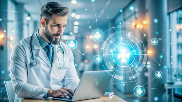 Photo a man is working on a laptop with a medical symbol on the screen