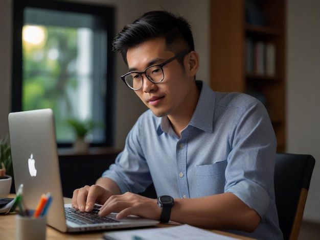 a man is working on a laptop with a pen and paper on the desk