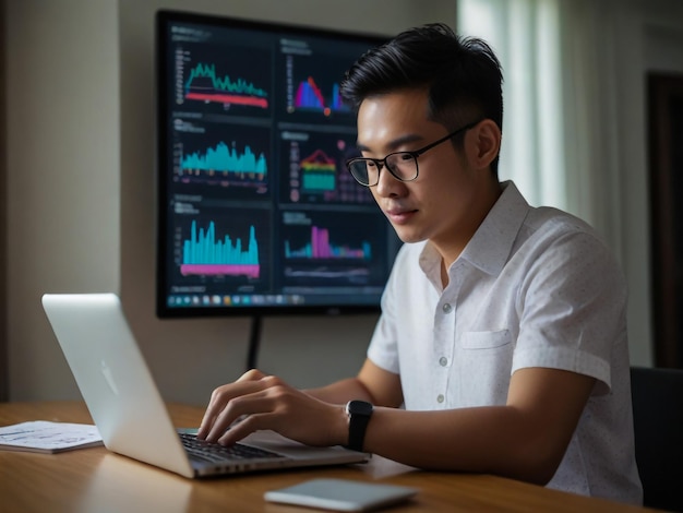 a man is working on a laptop with a screen showing graphs and charts