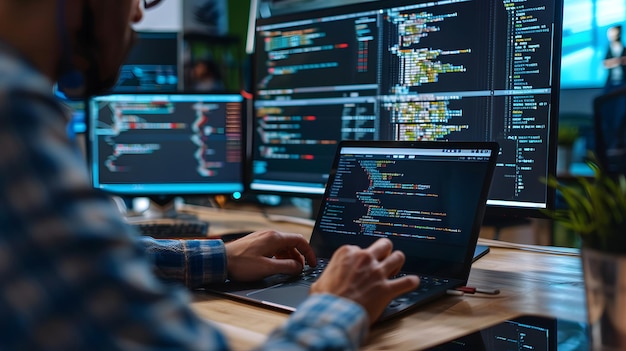 a man is working on a laptop with the word code on the screen