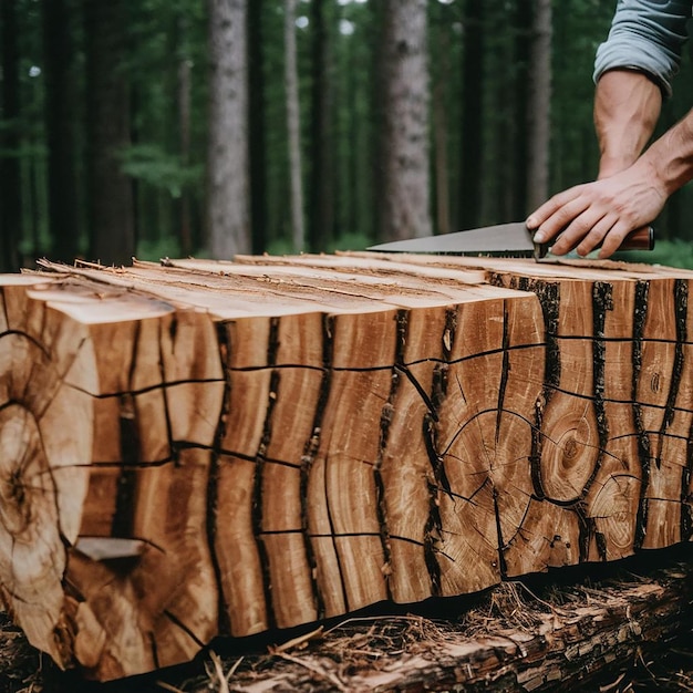 a man is working on a log with a letter in it