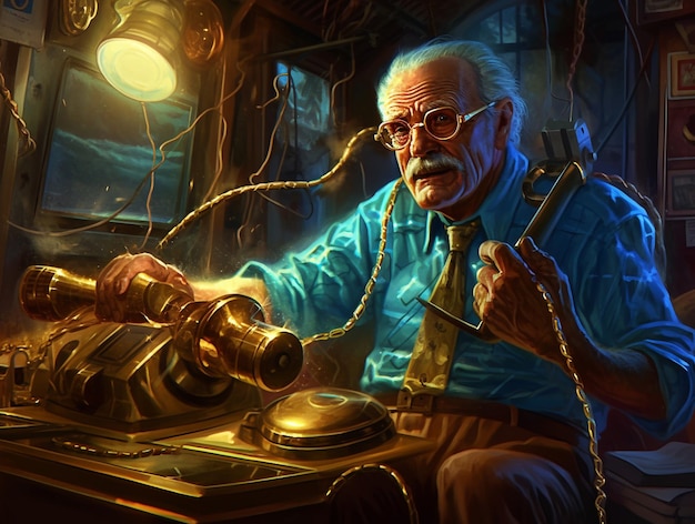 A man is working on a machine that is a painting of a man with glasses and a tie.