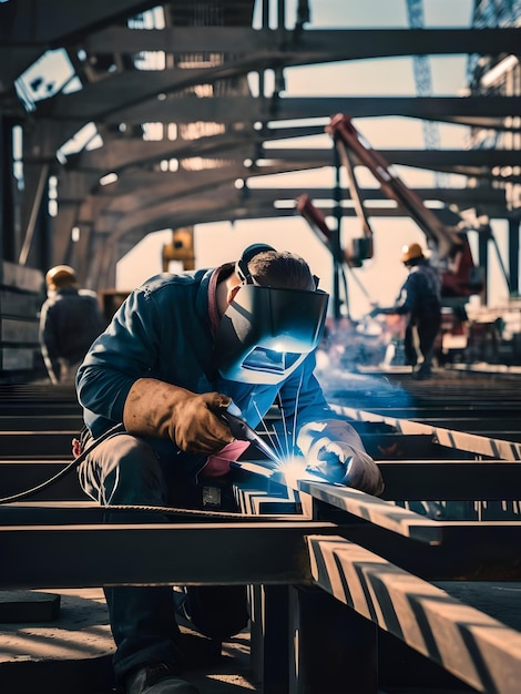 Photo a man is working on a machine with a blue light