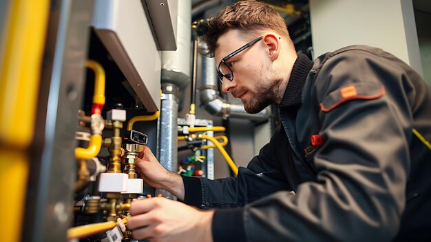 a man is working on a machine with the word quot on it