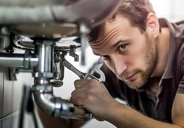 Photo a man is working on a machine with a wrench